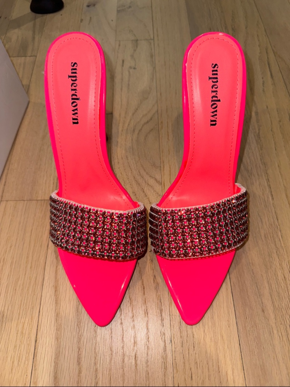 superdown Neon Pink Rhinestone-Embellished Pointed Mules